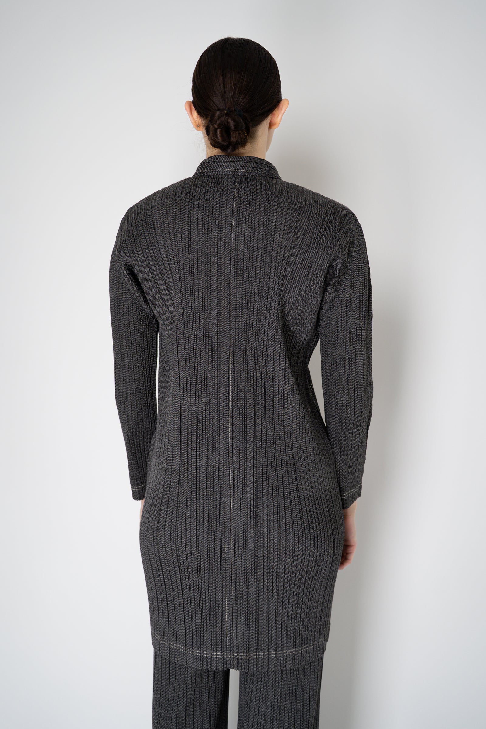 Pleats Please Issey Miyake Cotton Denim Collared Coat in Dark Grey