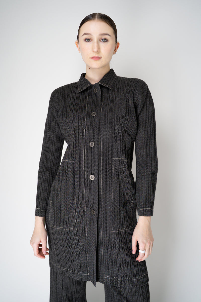 Pleats Please Issey Miyake Cotton Denim Collared Coat in Dark Grey Wash Vancouver. Shop Online or in Store.