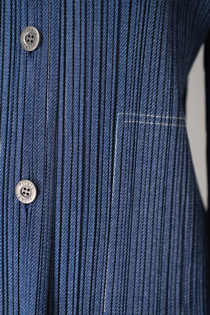 Pleats Please Issey Miyake Cotton Denim Collared Coat in Medium Blue Wash Vancouver. Shop Online or in Store.