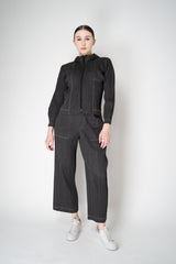 Pleats Please Issey Miyake Cotton Denim Cropped Zip Jacket in Dark Grey Wash Vancouver. Shop Online or in Store.