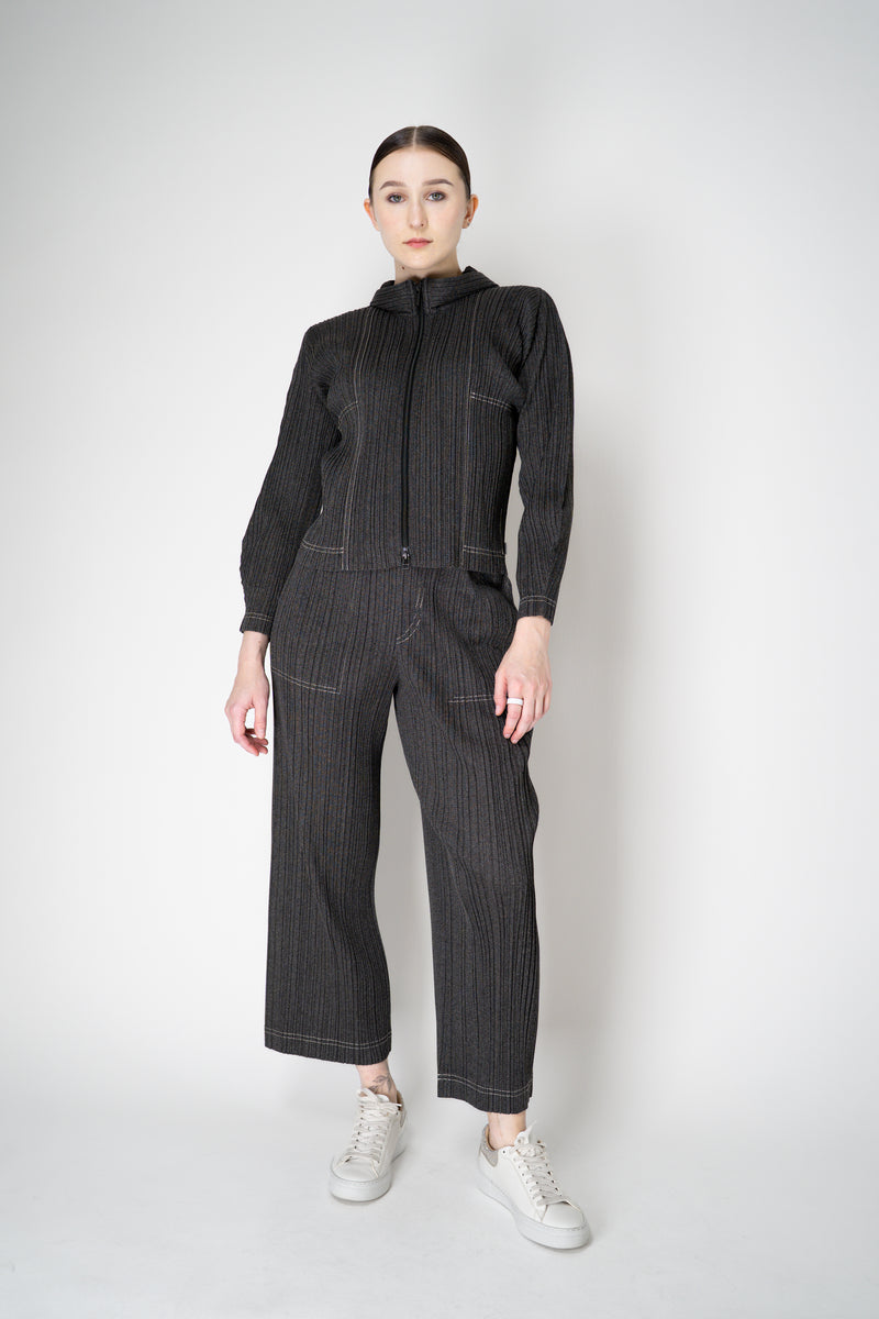 Pleats Please Issey Miyake Cotton Denim Cropped Zip Jacket in Dark Grey Wash Vancouver. Shop Online or in Store.