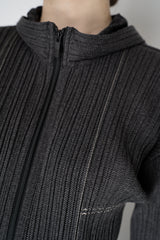 Pleats Please Issey Miyake Cotton Denim Cropped Zip Jacket in Dark Grey Wash Vancouver. Shop Online or in Store.