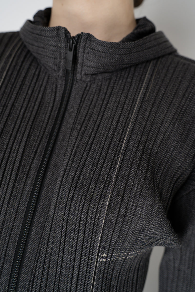 Pleats Please Issey Miyake Cotton Denim Cropped Zip Jacket in Dark Grey Wash Vancouver. Shop Online or in Store.