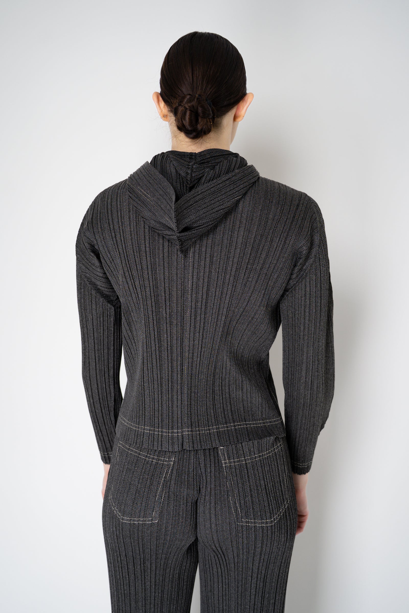 Pleats Please Issey Miyake Cotton Denim Cropped Zip Jacket in Dark