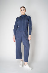 Pleats Please Issey Miyake Cotton Denim Cropped Zip Jacket in Medium Blue Wash Vancouver. Shop Online or in Store.