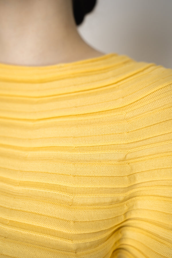 Pleats Please Issey Miyake Cropped Mushroom Knit Ribbed Top in Light Yellow Vancouver. Shop Online or in Store.