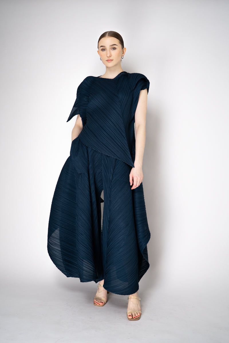 Pleats Please Issey Miyake Flare Asymmetric Top in Navy Vancouver. Shop Online or in Store.