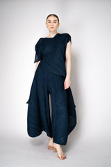 Pleats Please Issey Miyake Flare Layered Wide Leg Pants in Navy Vancouver. Shop Online or in Store.