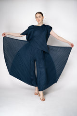 Pleats Please Issey Miyake Flare Layered Wide Leg Pants in Navy Vancouver. Shop Online or in Store.