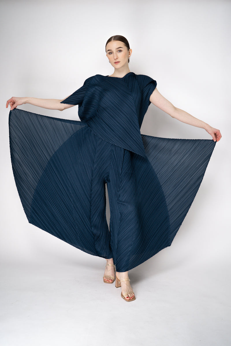 Pleats Please Issey Miyake Flare Layered Wide Leg Pants in Navy Vancouver. Shop Online or in Store.
