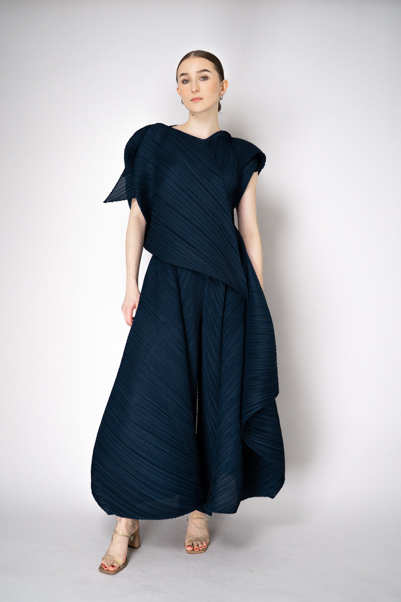 Pleats Please Issey Miyake Flare Layered Wide Leg Pants in Navy Vancouver. Shop Online or in Store.