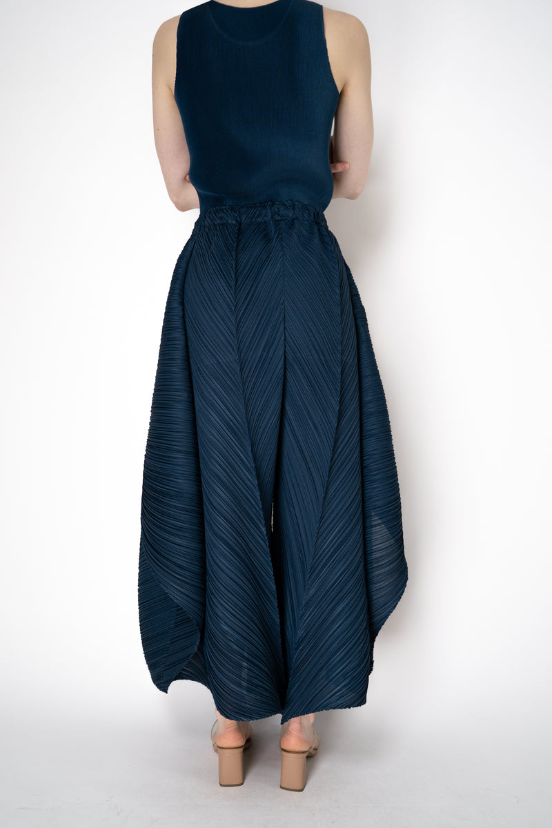 Pleats Please Issey Miyake Flare Layered Wide Leg Pants in Navy Vancouver. Shop Online or in Store.