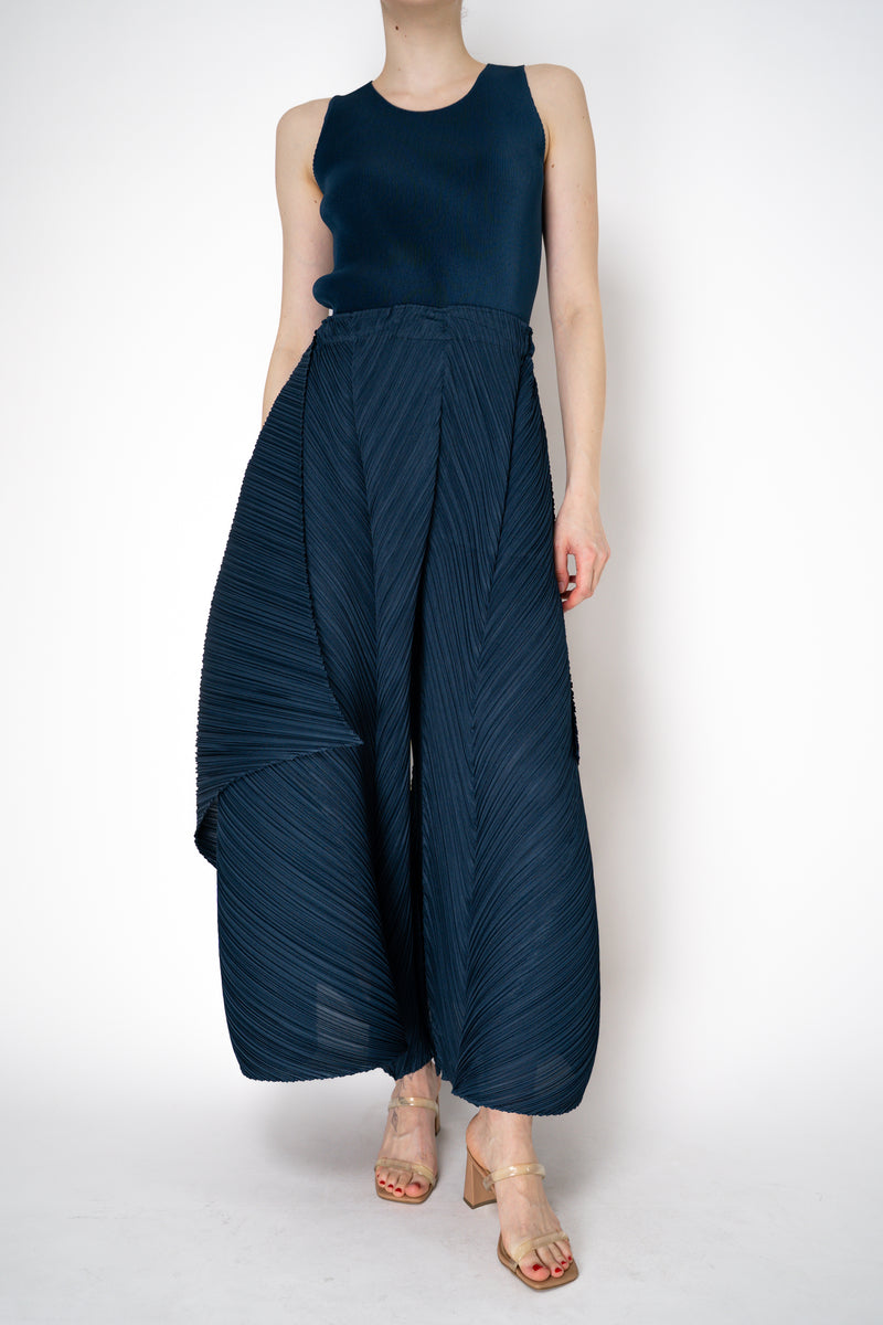 Pleats Please Issey Miyake Flare Layered Wide Leg Pants in Navy Vancouver. Shop Online or in Store.