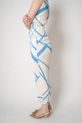 Pleats Please Issey Miyake Fold Line Maxi Skirt in Cream and Blue Pattern