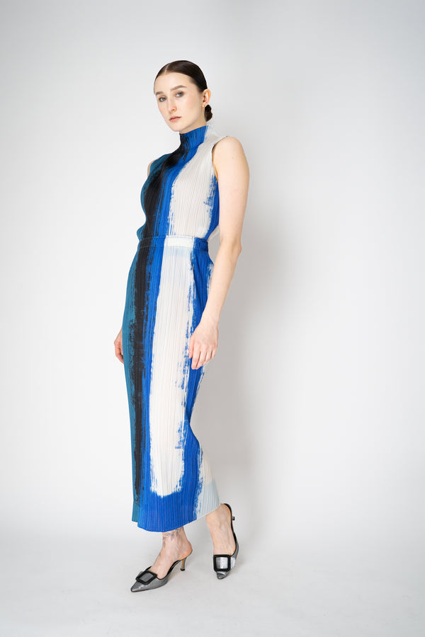 Pleats Please Issey Miyake Jump Printed Maxi Skirt in Blue Hues Vancouver. Shop Online or in Store