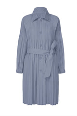 Pleats Please Issey Miyake Long Smooth Coat in Blue Grey Vancouver. Shop Online or in Store.