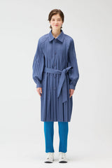 Pleats Please Issey Miyake Long Smooth Coat in Blue Grey Vancouver. Shop Online or in Store.