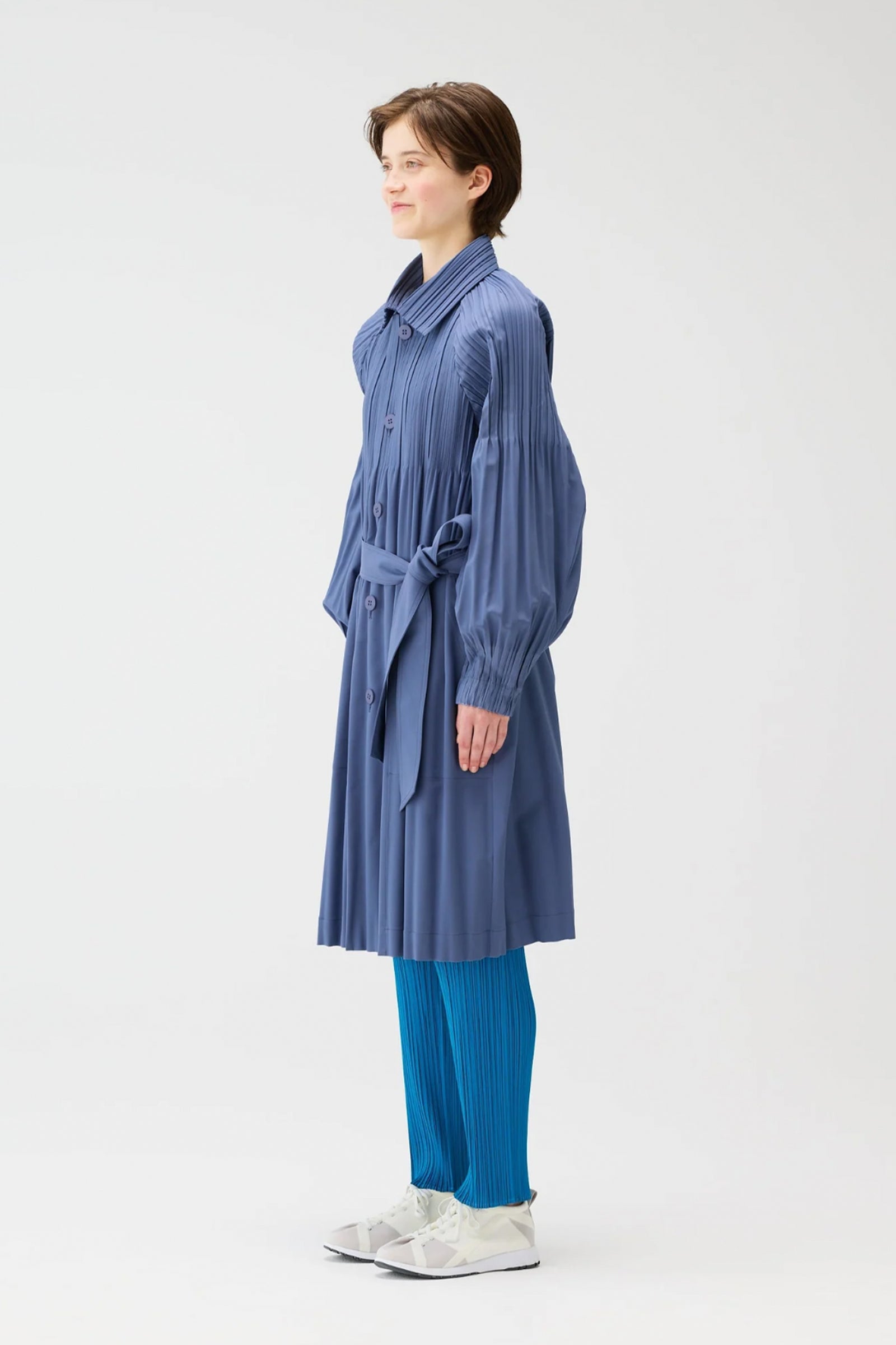 Pleats Please Issey Miyake Long Smooth Coat in Blue Grey – Ashia Mode