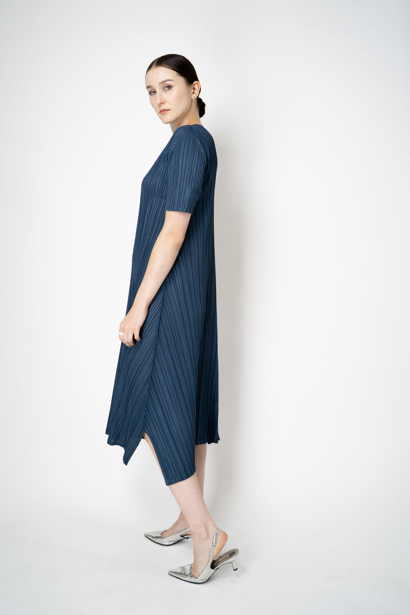 Pleats Please Issey Miyake Mellow Pleats Short Sleeve Maxi Dress in Dark Teal Vancouver. Shop Online or in Store.
