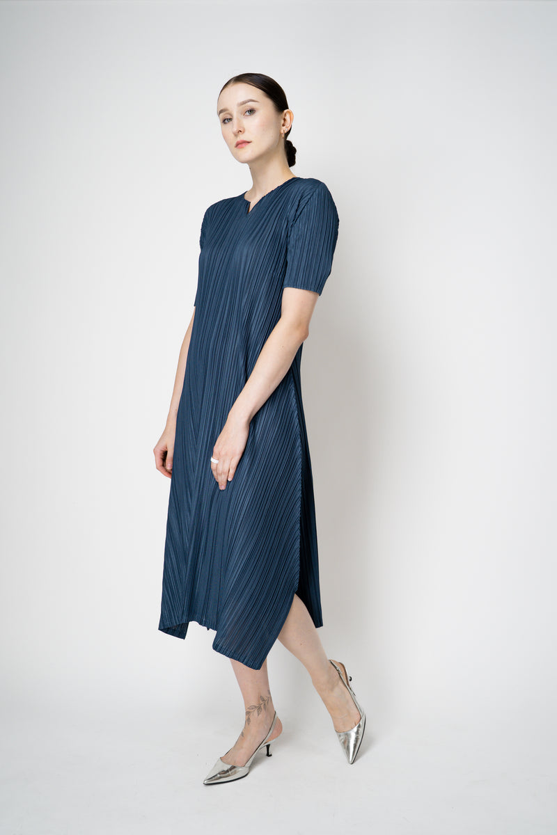 Pleats Please Issey Miyake Mellow Pleats Short Sleeve Maxi Dress in Dark Teal Vancouver. Shop Online or in Store.