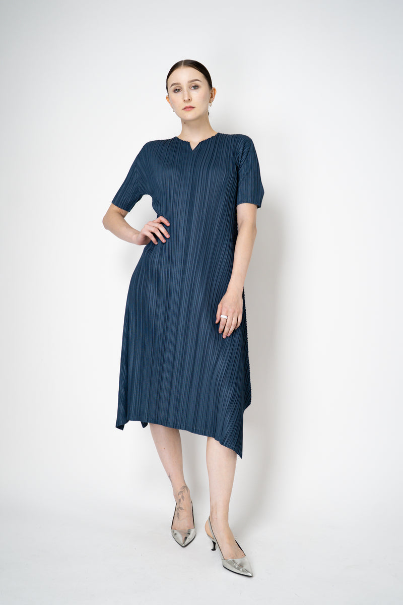 Pleats Please Issey Miyake Mellow Pleats Short Sleeve Maxi Dress in Dark Teal Vancouver. Shop Online or in Store.