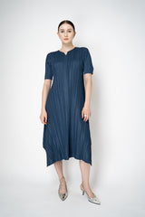 Pleats Please Issey Miyake Mellow Pleats Short Sleeve Maxi Dress in Dark Teal Vancouver. Shop Online or in Store.