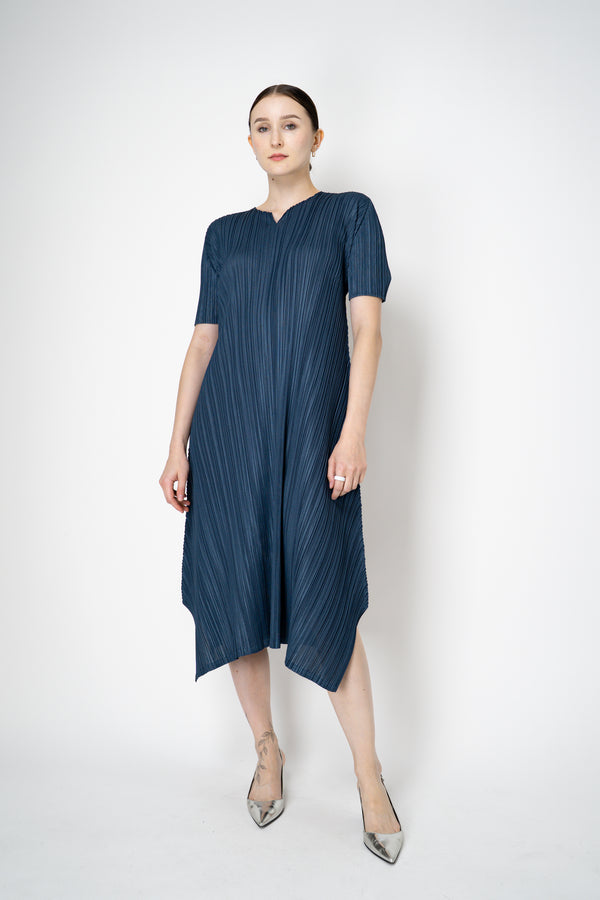 Pleats Please Issey Miyake Mellow Pleats Short Sleeve Maxi Dress in Dark Teal Vancouver. Shop Online or in Store.