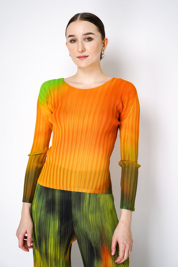 Pleats Please Issey Miyake Melty Rib Crew Neck Top in Orange and Green Vancouver. Shop online or in store