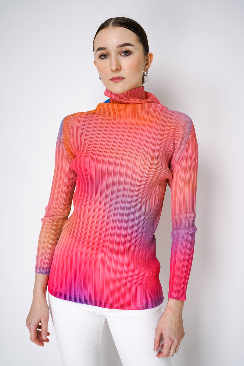 Pleats Please Issey Miyake Melty Rib Turtleneck Top in Pink and Blue Vancouver. Shop online or in store