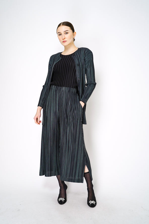 Pleats Please Issey Miyake Meteor Shower Buttoned Jacket in Navy and Green Stripes Vancouver. Shop Online or in Store. 
