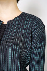 Pleats Please Issey Miyake Meteor Shower Buttoned Jacket in Navy and Green Stripes Vancouver. Shop Online or in Store. 
