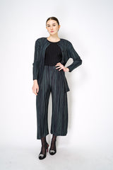 Pleats Please Issey Miyake Meteor Shower Buttoned Jacket in Navy and Green Stripes Vancouver. Shop Online or in Store. 
