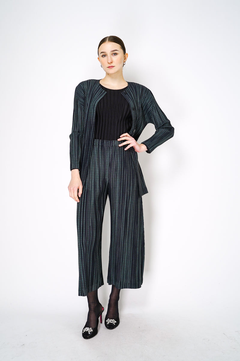 Pleats Please Issey Miyake Meteor Shower Buttoned Jacket in Navy and Green Stripes Vancouver. Shop Online or in Store. 
