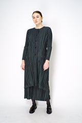 Pleats Please Issey Miyake Meteor Shower Maxi Cardigan in Navy and Green Stripes Vancouver. Shop Online or in Store. 
