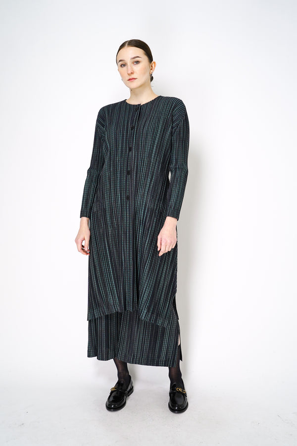 Pleats Please Issey Miyake Meteor Shower Maxi Cardigan in Navy and Green Stripes Vancouver. Shop Online or in Store. 

