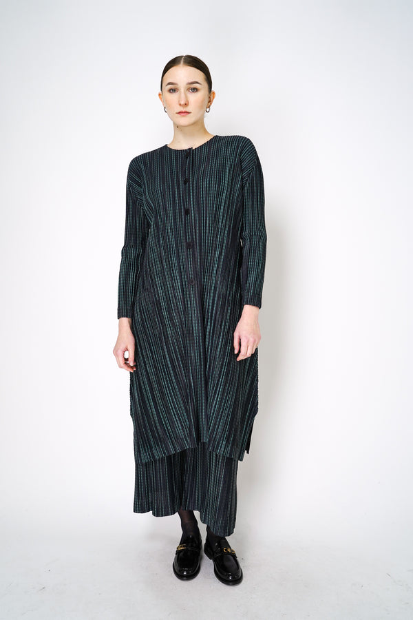 Pleats Please Issey Miyake Meteor Shower Maxi Cardigan in Navy and Green Stripes Vancouver. Shop Online or in Store. 
