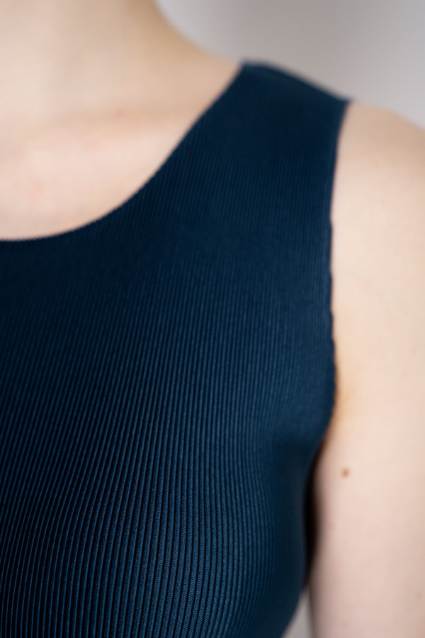 Pleats Please Issey Miyake Mist April Micro Pleated Tank Top in Navy Vancouver. Shop Online or in Store.