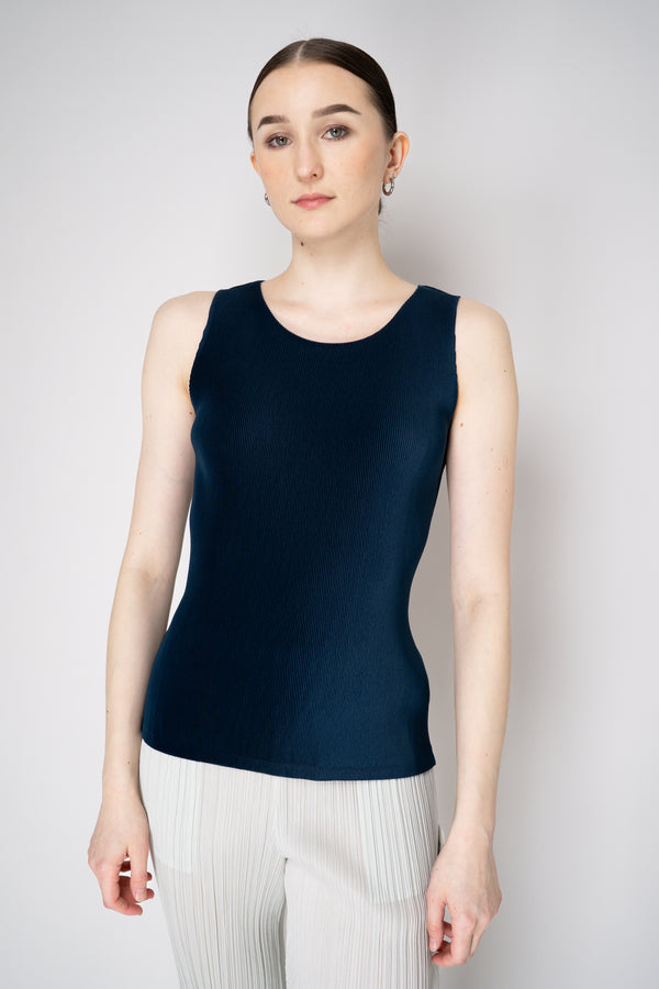 Pleats Please Issey Miyake Mist April Micro Pleated Tank Top in Navy Vancouver. Shop Online or in Store.