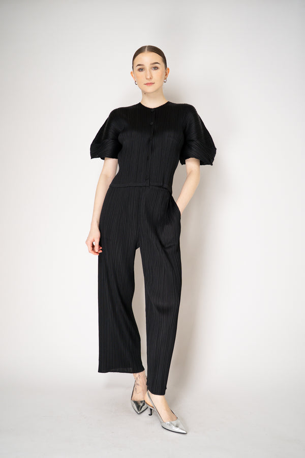 Pleats Please Issey Miyake Monthly Colors: April Balloon Sleeve Cardigan in Black Vancouver. Shop Online or in Store.