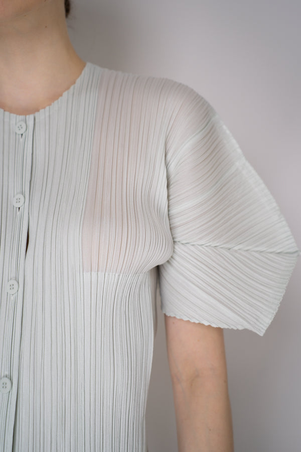 Pleats Please Issey Miyake Monthly Colors: April Balloon Sleeve Cardigan in Pastel Green Vancouver. Shop Online or in Store.