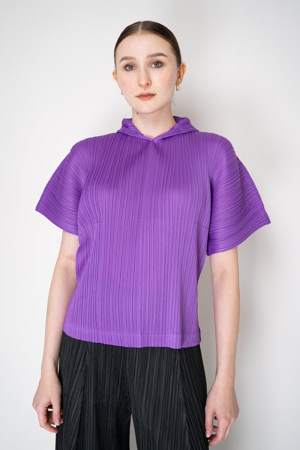 Pleats Please Issey Miyake Monthly Colors: August Hooded Short Sleeve Top in Purple Vancouver. Shop Online or in Store.