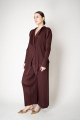 Pleats Please Issey Miyake Monthly Colors: January Drapey Lapel Cardigan in Cacao Brown Vancouver. Shop Online or in Store.