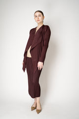 Pleats Please Issey Miyake Monthly Colors: January Drapey Lapel Cardigan in Cacao Brown Vancouver. Shop Online or in Store.