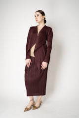 Pleats Please Issey Miyake Monthly Colors: January Drapey Lapel Cardigan in Cacao Brown Vancouver. Shop Online or in Store.