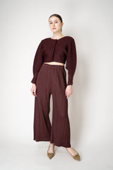 Pleats Please Issey Miyake Monthly Colors: January Rib Pleats January Cropped Bat Sleeves Cardigan in Cacao Brown Vancouver. Shop Online or in Store.