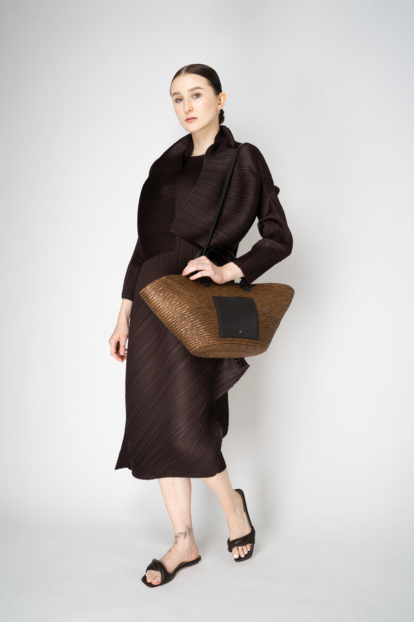 Pleats Please Issey Miyake Monthly Colors: July Cropped Open Front Cardigan in Chocolate Brown Vancouver. Shop Online or in Store