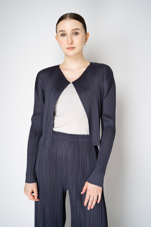 Pleats Please Issey Miyake Monthly Colors: July Cropped Open Front Cardigan in Petrol Navy Vancouver. Shop Online or in Store