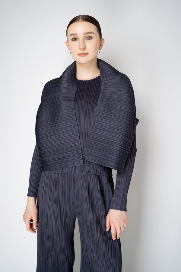 Pleats Please Issey Miyake Monthly Colors: July Cropped Open Front Cardigan in Petrol Navy Vancouver. Shop Online or in Store