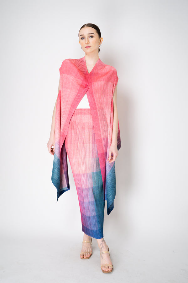 Pleats Please Issey Miyake "Photon" Cardigan Vest in Pink Multicolour Print Vancouver. Shop Online or in Store.