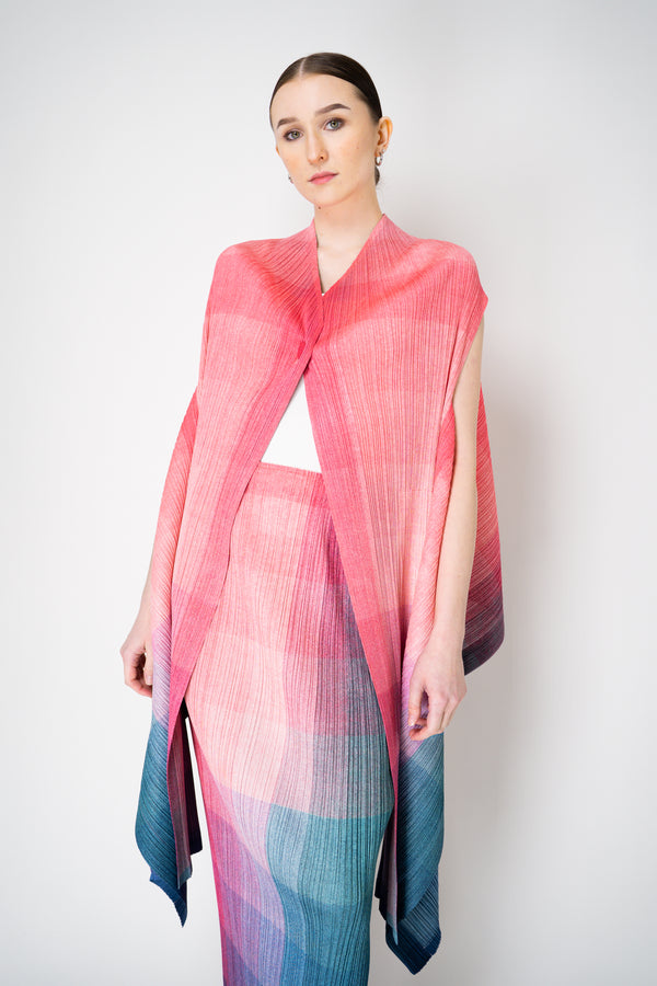 Pleats Please Issey Miyake "Photon" Cardigan Vest in Pink Multicolour Print Vancouver. Shop Online or in Store.